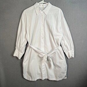 Mango Womens Size 6 White Button-Up Shirt Dress With Tie Waist & Long Sleeves